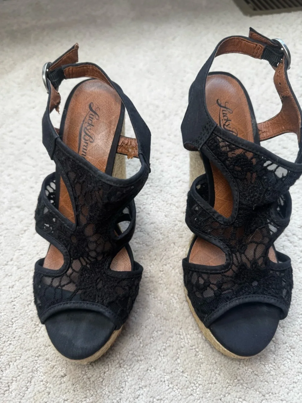 Lucky Brand Black Lace Espadrille Wedge Sandals - 6.5